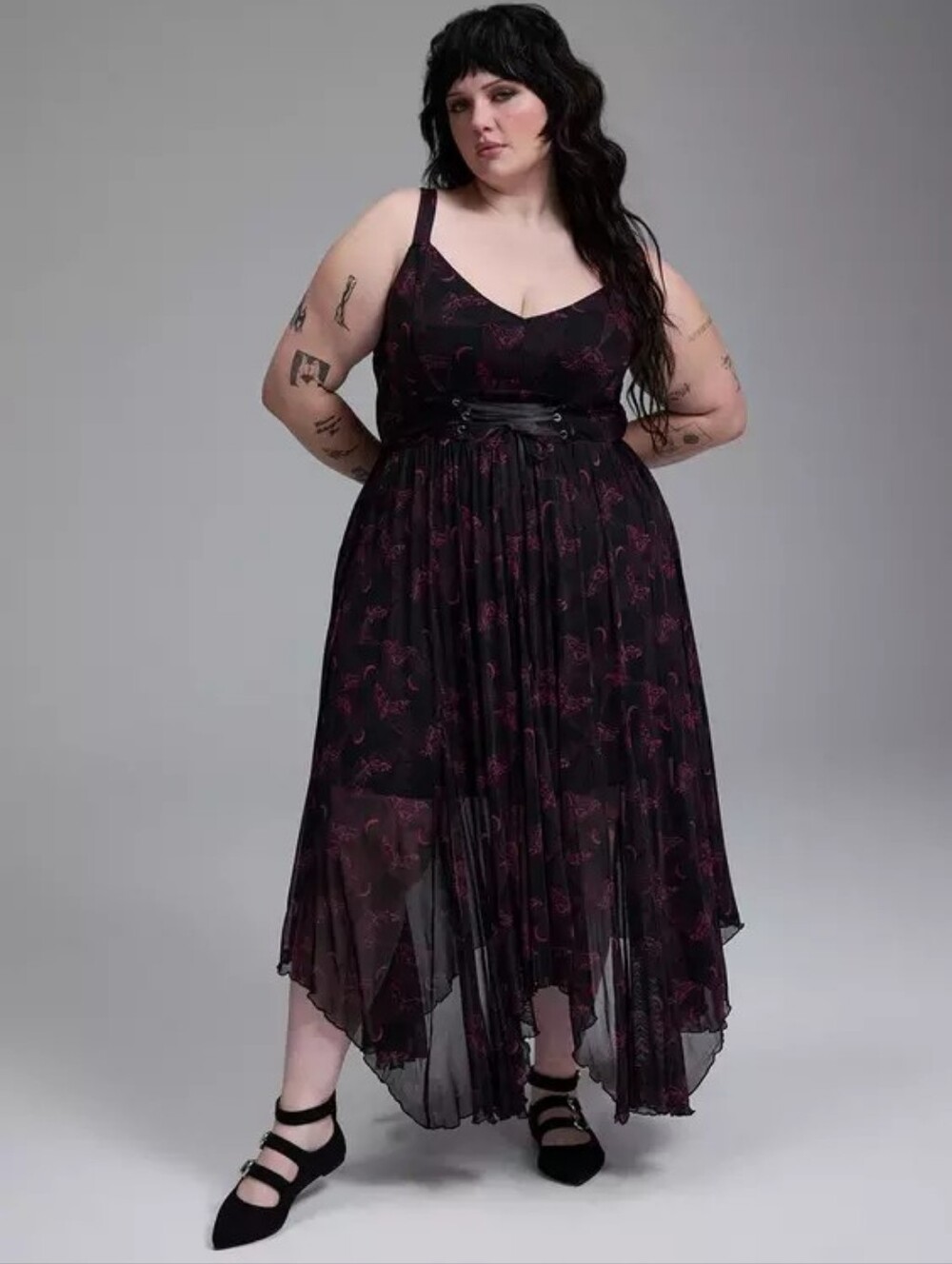 Torrid Nightfall Layered Corset Maxi Dress Midnight Moths Magenta Deep Black 1X